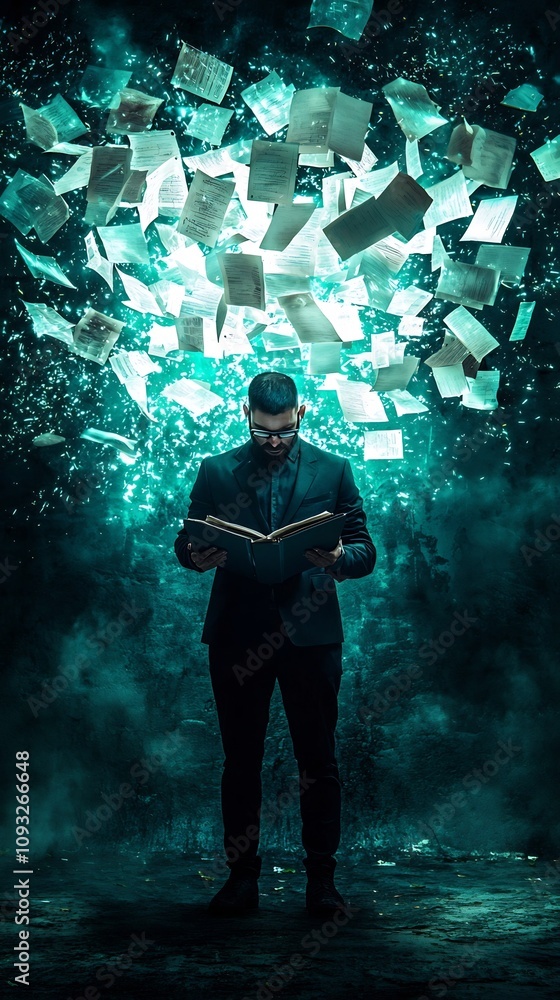 Fototapeta premium Office Worker Managing Digital Documents via Holographic File Manager in Futuristic Workplace