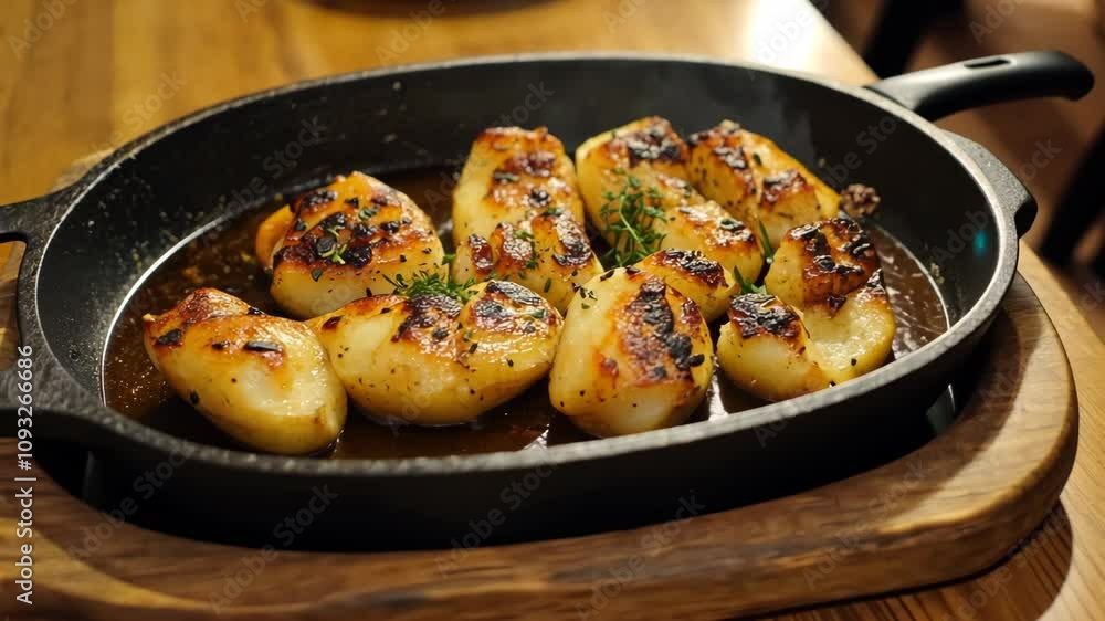 Grilled scallops with herbs in a cast iron skillet rest on a wooden board at a restaurant Grilled scallops with herbs in a cast iron skillet rest on a wooden board at a restaurant