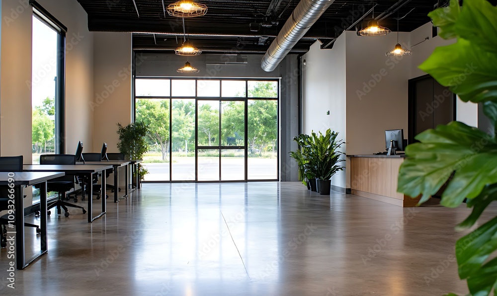 Modern office interior with plants and workspace. Modern office interior with plants and workspace.