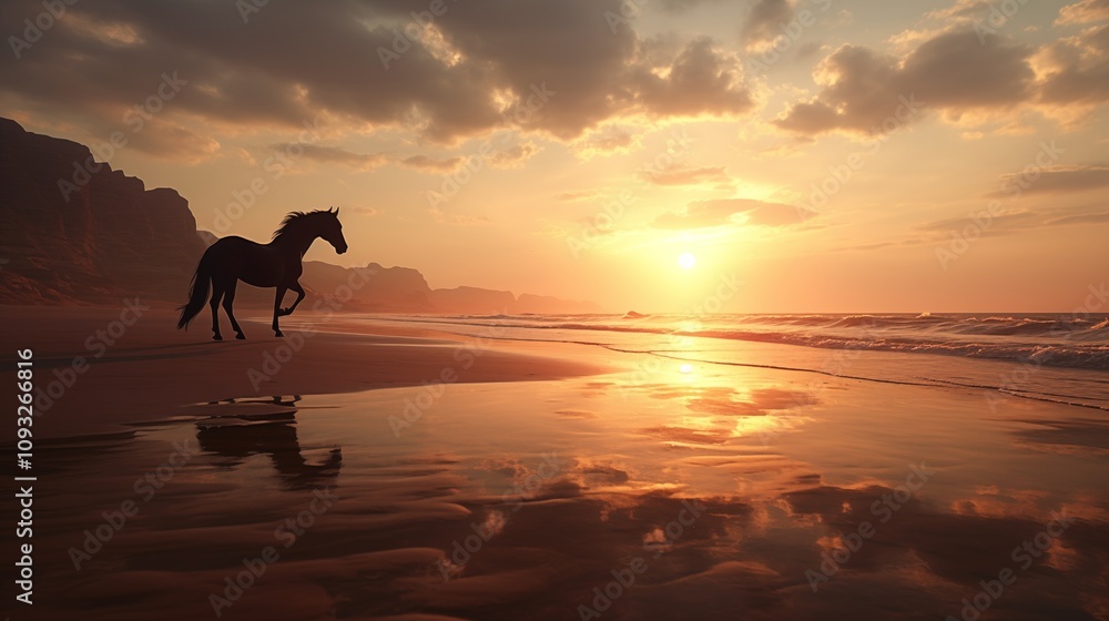 a horse trotting along a beach at sunrise space on the left side Golden Hour Lighting,generative ai illustration a horse trotting along a beach at sunrise space on the left side Golden Hour Lighting,generative ai illustration