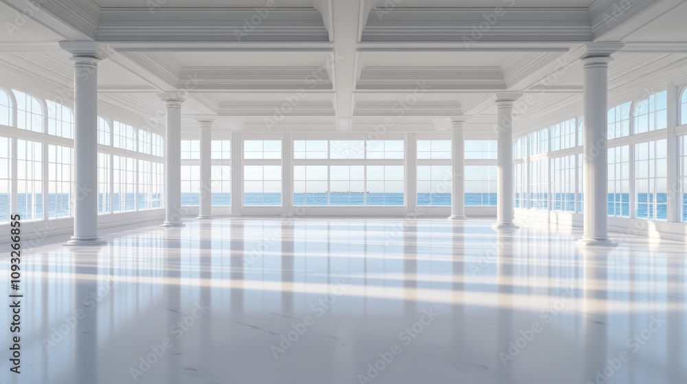 Obraz premium A bright, airy interior space with tall white columns and large windows offering an ocean view. The polished floor reflects the sunlight, creating a serene and elegant atmosphere.