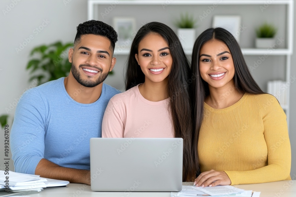 A warm and inviting scene where a Hispanic real estate agent showcases homes to a young Latinx couple using a laptop. The couple smiles and asks questions while the agent explains features. A warm and inviting scene where a Hispanic real estate agent showcases homes to a young Latinx couple using a laptop. The couple smiles and asks questions while the agent explains features.
