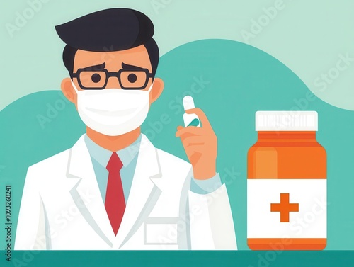 Pharmacist pointing at allergy relief products, informative environment, flat design illustration