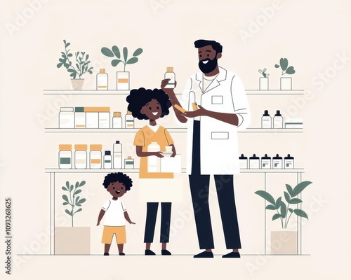 Pharmacist demonstrating health product to family, friendly atmosphere, flat design illustration