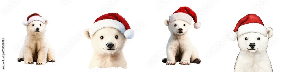 Christmas decorations concept. Four adorable polar bear cubs wearing festive Santa hats for a holiday celebration.