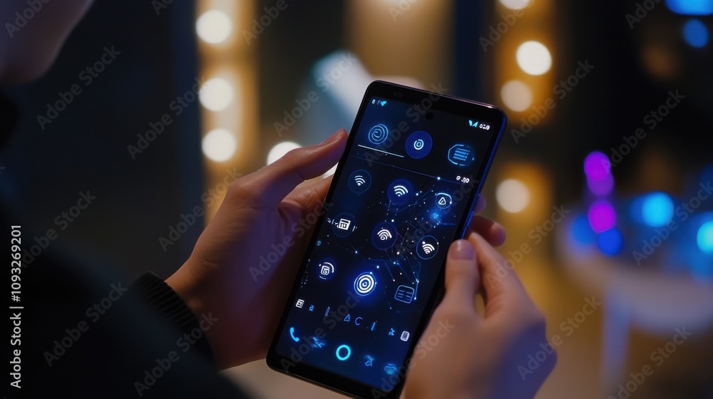 Close-Up of a Person Holding a Smartphone with Futuristic User Interface Displaying Various Icons on a Secluded Background with Bright Lights Close-Up of a Person Holding a Smartphone with Futuristic User Interface Displaying Various Icons on a Secluded Background with Bright Lights