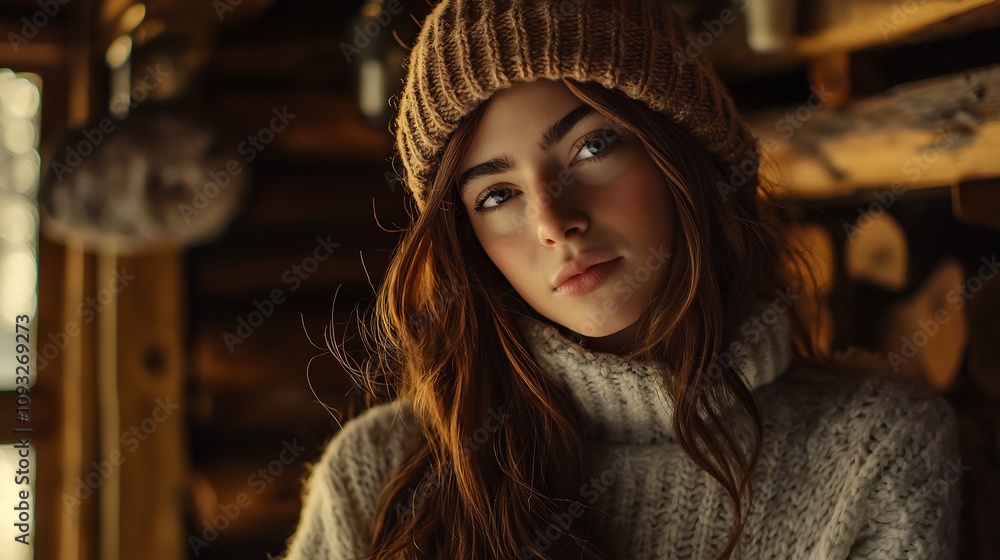 Teenage Girl in Cozy Winter Cabin Setting Teenage Girl in Cozy Winter Cabin Setting