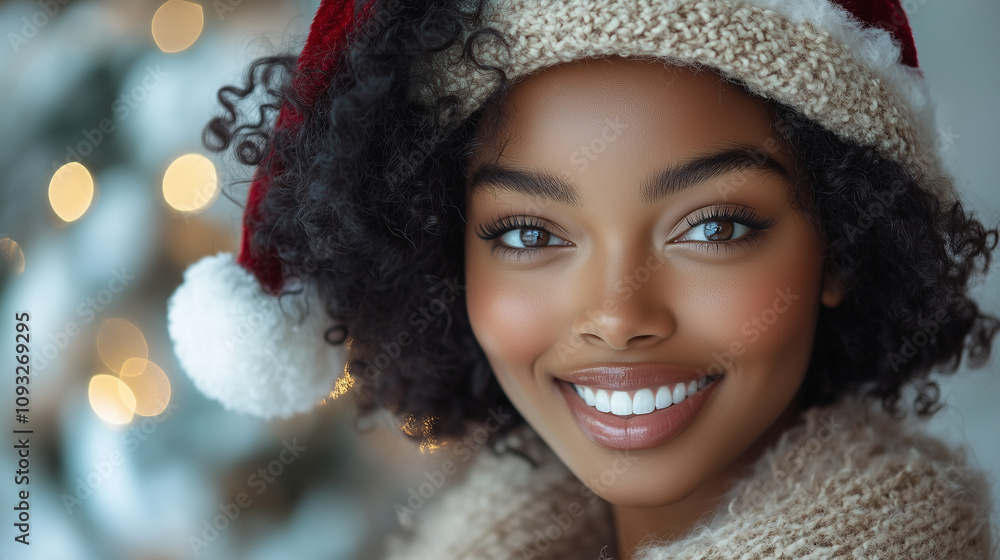 Beautiful black woman, cosmetology, beauty, festive makeup, Merry Christmas and Happy New Year, banner with copy space Beautiful black woman, cosmetology, beauty, festive makeup, Merry Christmas and Happy New Year, banner with copy space