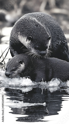 Winter wildlife scene withfamily of otters playing infrozen stream photo