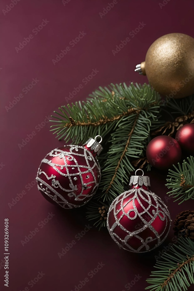 Red background with red and gold Christmas decorations and fir twigs with copy space Red background with red and gold Christmas decorations and fir twigs with copy space