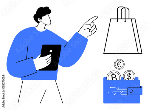 Man holding a tablet pointing towards a shopping bag and a wallet with currency coins. Ideal for e-commerce, online shopping, digital transactions, financial technology, mobile payments, retail