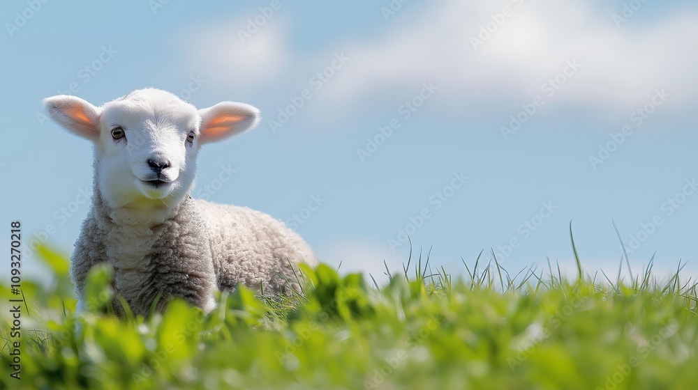 A young lamb standing in a green meadow under a clear blue sky, looking curiously at the camera. The image captures the peaceful essence of springtime and pastoral life A young lamb standing in a green meadow under a clear blue sky, looking curiously at the camera. The image captures the peaceful essence of springtime and pastoral life