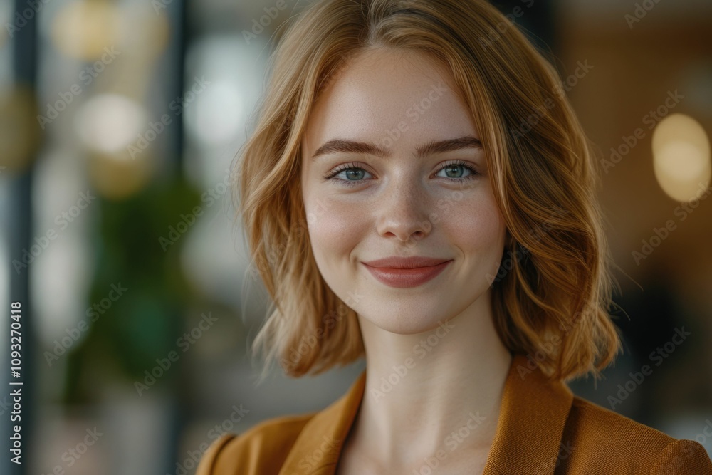 Obraz premium Close-up headshot Confident European young woman, good looking teenager, middle aged leader, businesswoman, CEO on blurred office background. Beautiful young European businesswoman smiles at thecamera