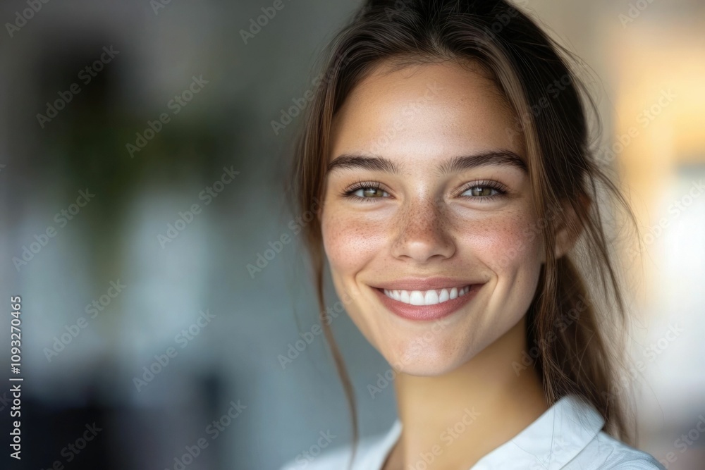 Close-up headshot Confident European young woman, good looking teenager, middle aged leader, businesswoman, CEO on blurred office background. Beautiful young European businesswoman smiles at thecamera Close-up headshot Confident European young woman, good looking teenager, middle aged leader, businesswoman, CEO on blurred office background. Beautiful young European businesswoman smiles at thecamera
