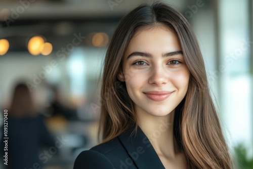Wallpaper Mural Close-up headshot Confident European young woman, good looking teenager, middle aged leader, businesswoman, CEO on blurred office background. Beautiful young European businesswoman smiles at thecamera Torontodigital.ca