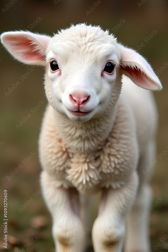 Fototapeta premium Adorable young lamb with soft wool and friendly expression in natural setting