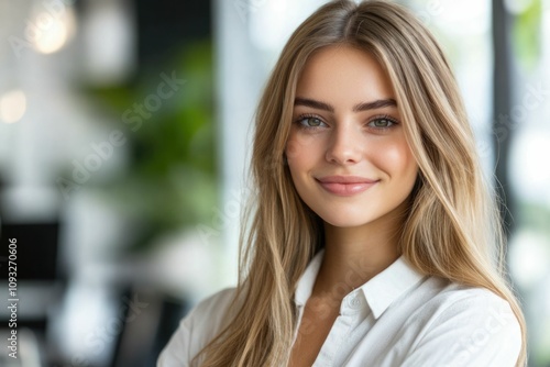 Free Download Close-up headshot Confident European young woman, good looking teenager, middle aged leader, businesswoman, CEO on blurred office background. Beautiful young European businesswoman smiles at thecamera - GFXLoad