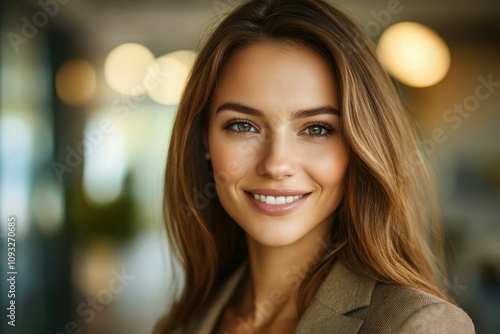 Wallpaper Mural Close-up headshot Confident European young woman, good looking teenager, middle aged leader, businesswoman, CEO on blurred office background. Beautiful young European businesswoman smiles at thecamera Torontodigital.ca