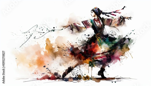 woman performing Cossack Hopak, Ukraina dance in watercolor illustration with loose and fluid forms photo