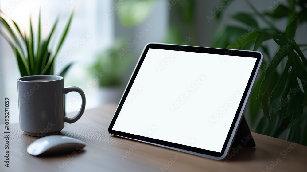 Sleek and Modern Tablet Displaying Clean User Interface on a Desk Surrounded by Lush Green Plants and a Mug of Coffee, Ideal for Tech and Productivity Themes Sleek and Modern Tablet Displaying Clean User Interface on a Desk Surrounded by Lush Green Plants and a Mug of Coffee, Ideal for Tech and Productivity Themes