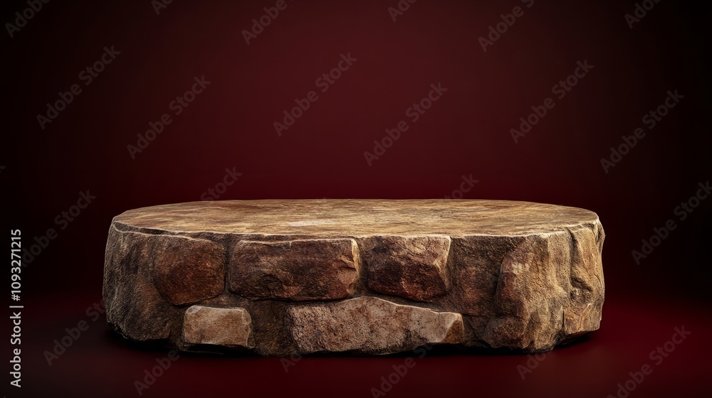 A rounded stone podium with a polished top and rough-hewn sides, standing solidly on a dark red background A rounded stone podium with a polished top and rough-hewn sides, standing solidly on a dark red background