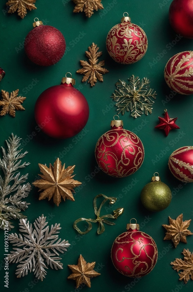 A close up of many different red, green, and white Christmas ornaments and snowflakes on green background A close up of many different red, green, and white Christmas ornaments and snowflakes on green background