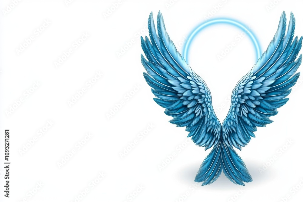 Fototapeta premium Angel represented with only a glowing halo and soft feather outlines, placed on a clean white background