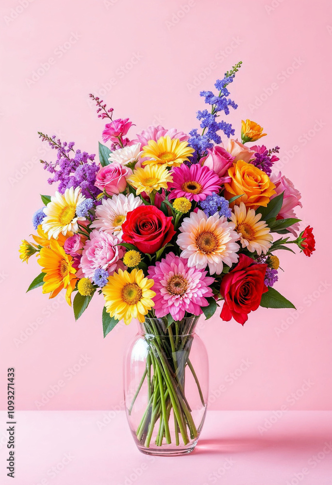 Fototapeta premium Stunning Glass Vase Bouquet With Colorful Flowers On Pink Backdrop