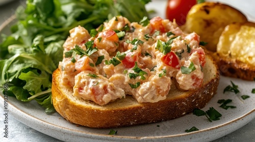 Freshly Made Salmon Salad on Toast with Cherry Tomatoes and Greens on a Rustic Plate for Healthy Meal Inspiration