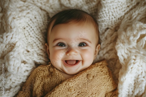 Happy Baby Smiling In Knitted Blanket