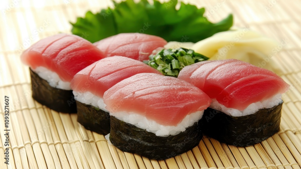 Freshly prepared sushi with vibrant pink slices of tuna on rice, garnished with green onions and pickled ginger resting on bamboo mat background Freshly prepared sushi with vibrant pink slices of tuna on rice, garnished with green onions and pickled ginger resting on bamboo mat background