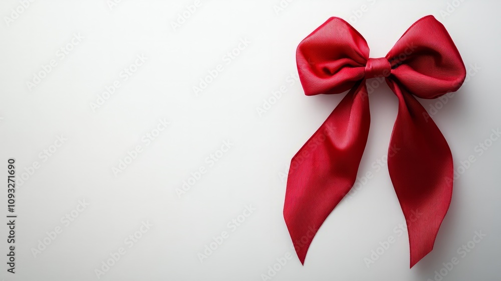 A simple red bow with long, clean lines draped against a plain white backdrop A simple red bow with long, clean lines draped against a plain white backdrop