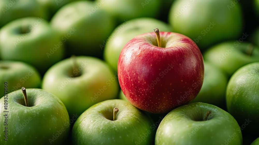 A single, bright red apple sitting among a pile of green apples, symbolizing unique creative thinking, minimalist background A single, bright red apple sitting among a pile of green apples, symbolizing unique creative thinking, minimalist background