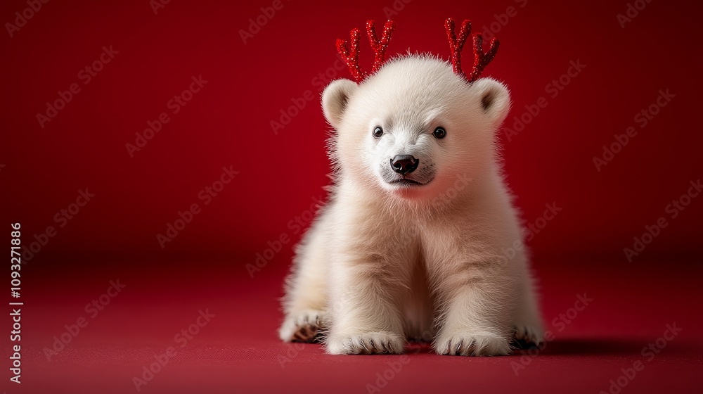 Cute polar bear cub with festive antlers on a red background Cute polar bear cub with festive antlers on a red background