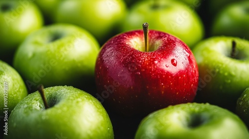 A single, bright red apple sitting among a pile of green apples, symbolizing unique creative thinking, minimalist background photo