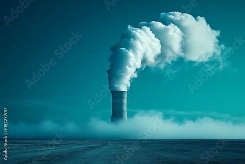 Industrial landscape with a smoking chimney against a teal sky photo