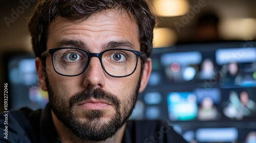 Thoughtful man with glasses and beard in a modern office setting, focused on his work.