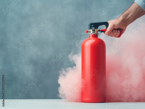 Emergency action fire extinguisher usage indoor setting safety equipment controlled environment close-up view fire safety awareness photo