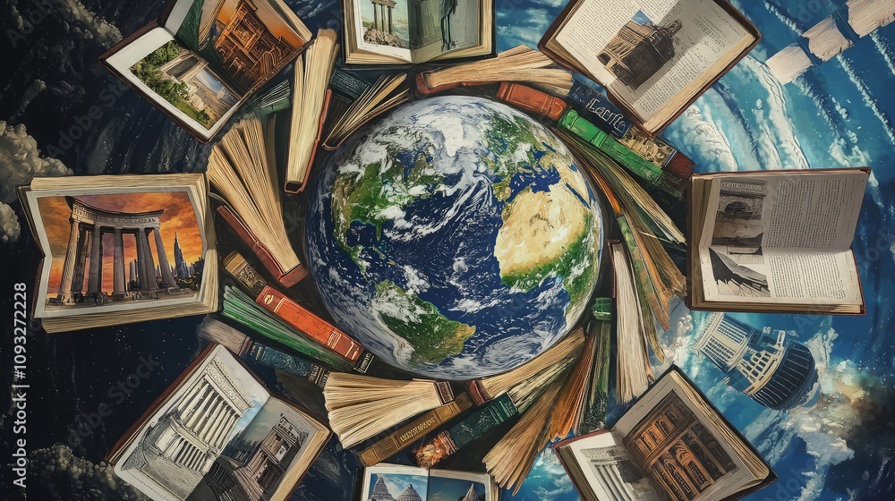 Earth surrounded by open books displaying historical landmarks. Earth surrounded by open books displaying historical landmarks.