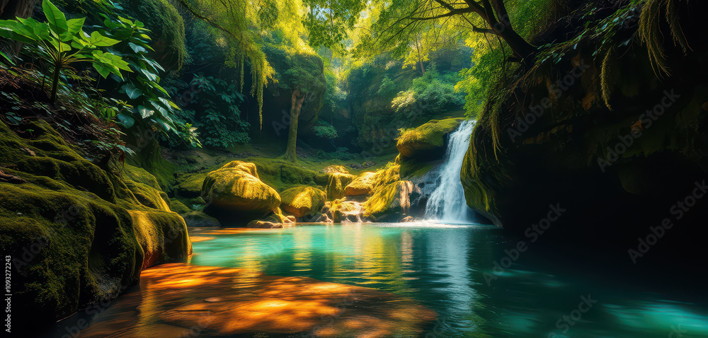 A serene, untouched paradise, hidden deep within a lush, emerald-green forest, where a cascading waterfall gently flows into a crystal-clear lagoon. A serene, untouched paradise, hidden deep within a lush, emerald-green forest, where a cascading waterfall gently flows into a crystal-clear lagoon.