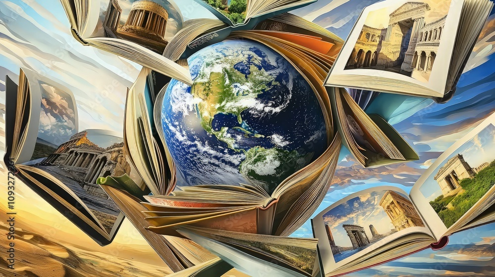 Earth surrounded by open books showcasing diverse global landmarks and landscapes. Earth surrounded by open books showcasing diverse global landmarks and landscapes.