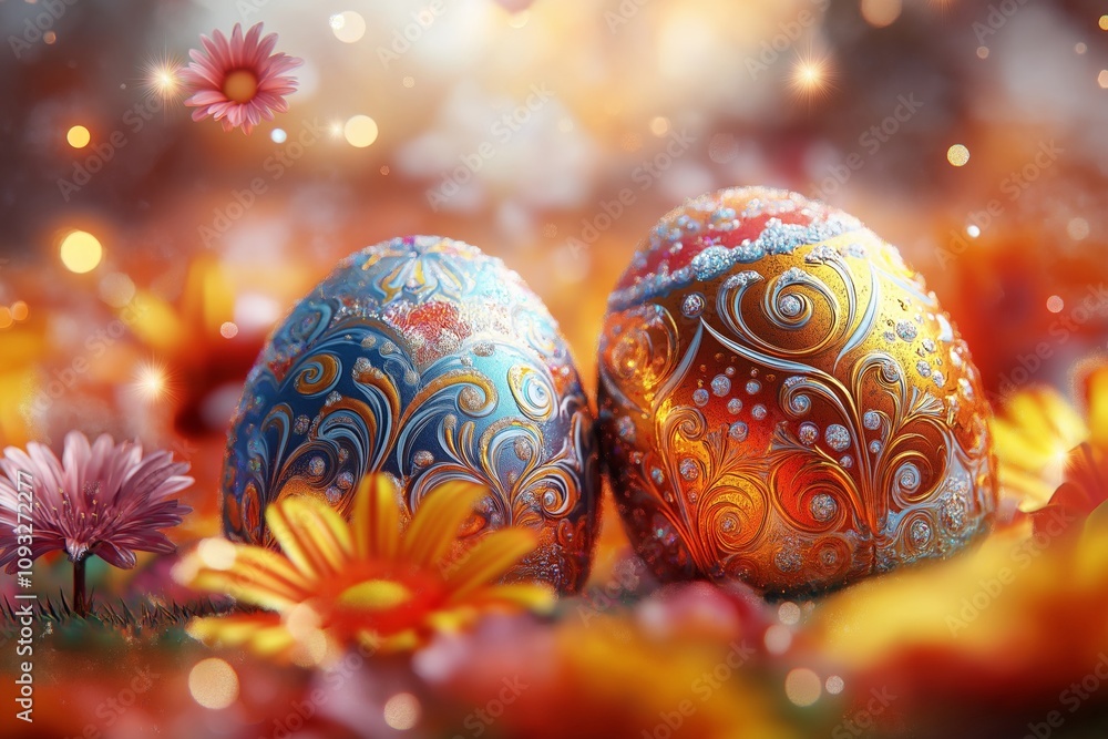 Close-up of two elaborately decorated Easter eggs with intricate patterns in warm and cool tones, surrounded by vibrant spring flowers. Soft glowing lights enhance the festive atmosphere Close-up of two elaborately decorated Easter eggs with intricate patterns in warm and cool tones, surrounded by vibrant spring flowers. Soft glowing lights enhance the festive atmosphere