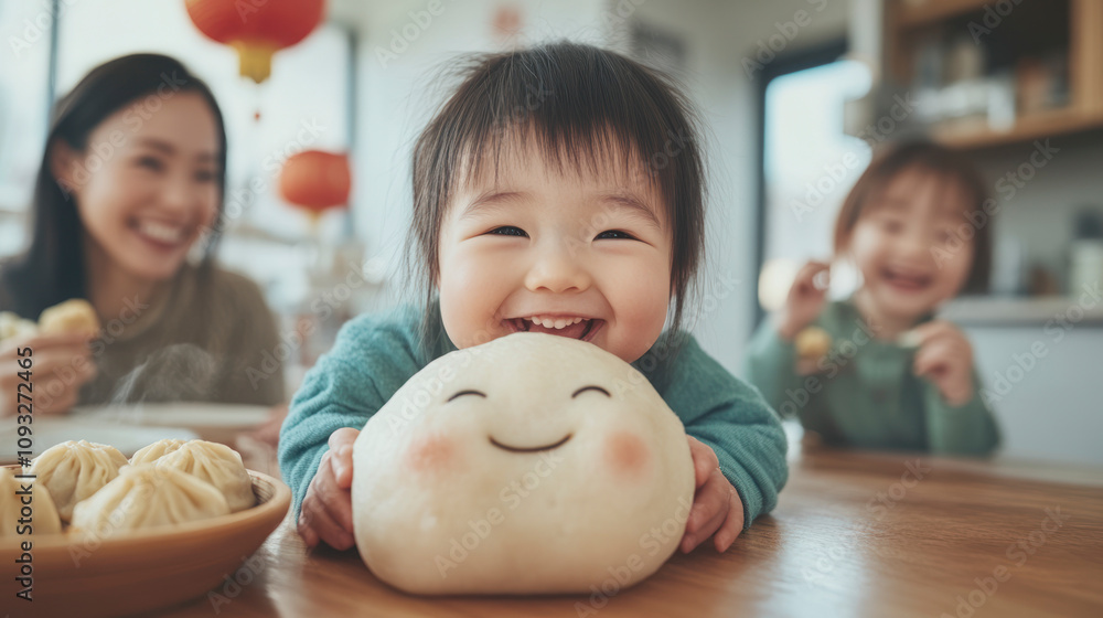 Smiling child holding a large dumpling in a joyful family moment. Smiling child holding a large dumpling in a joyful family moment.