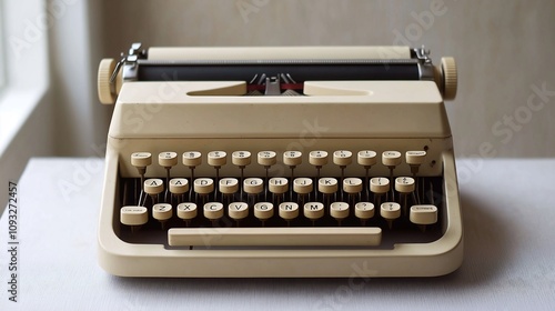 Vintage Beige Typewriter on Table by Window