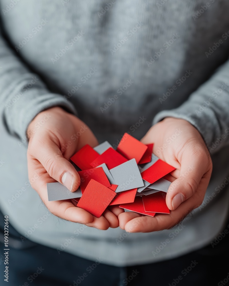Close-up of person holding gray and red paper squares in hands, expressing choice, decision-making, creativity, and abstract ideas in a contemporary context Close-up of person holding gray and red paper squares in hands, expressing choice, decision-making, creativity, and abstract ideas in a contemporary context