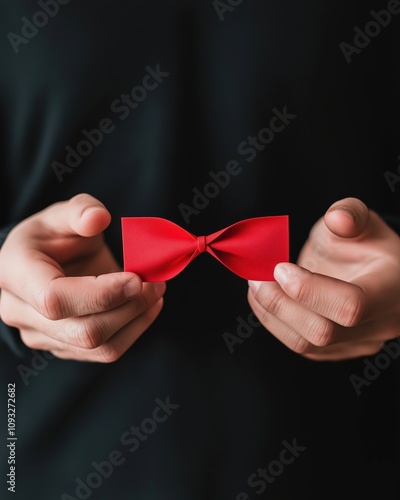 Hands holding elegant red bow tie against dark background – close-up of fashion accessory in human hands, symbolizing style, elegance, and celebration