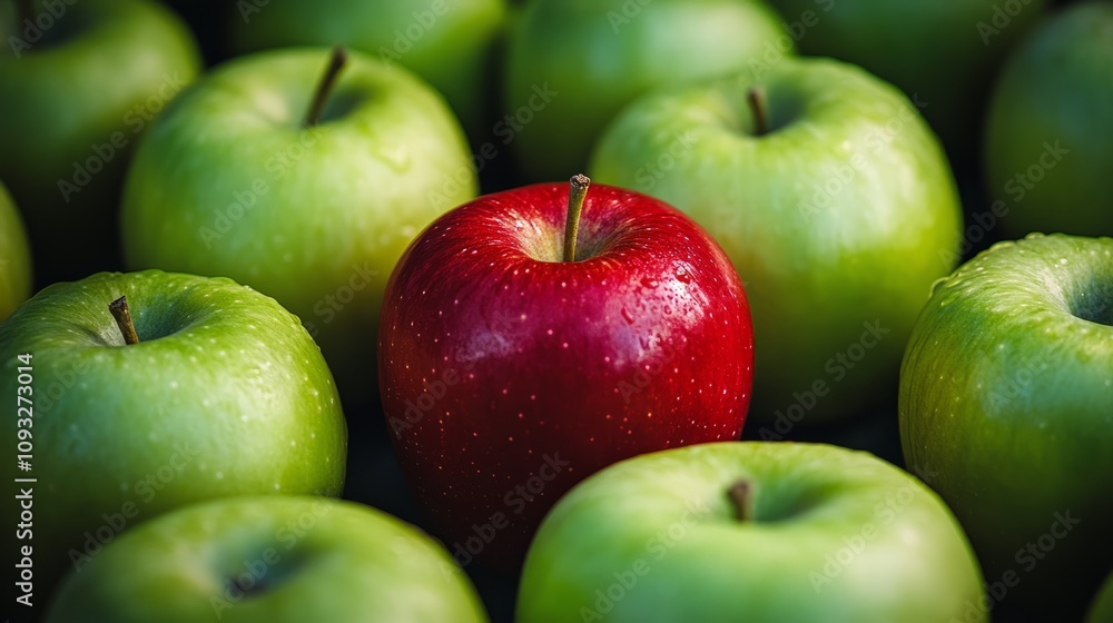 A single red apple nestled among green apples, symbolizing innovative thought in a sea of conformity, minimalist background A single red apple nestled among green apples, symbolizing innovative thought in a sea of conformity, minimalist background