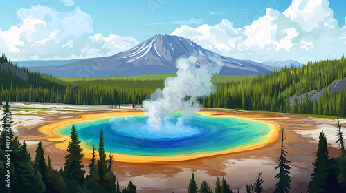 A panoramic view of grand prismatic spring at yellowstone, captures magic mountain, spring and forest. Prismatic Mountain Peaks. Illustration