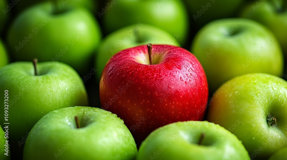A single red apple nestled among green apples, symbolizing innovative thought in a sea of conformity, minimalist background A single red apple nestled among green apples, symbolizing innovative thought in a sea of conformity, minimalist background