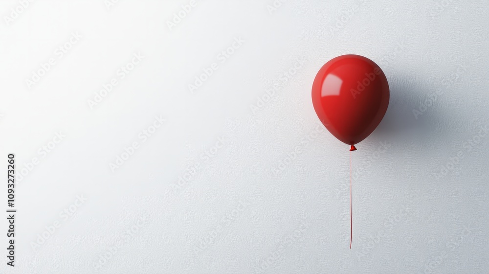 A single red balloon floating against a white minimalist background